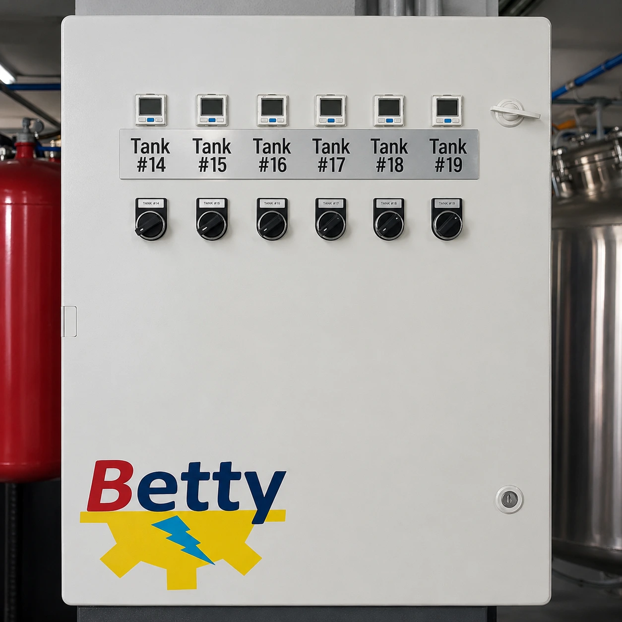 Betty tank control panel with labeled tank controls